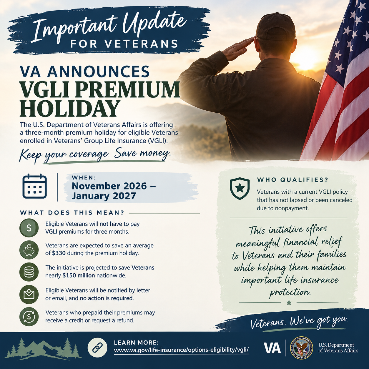 Eligible Veterans will not have to pay VGLI premiums for three months.