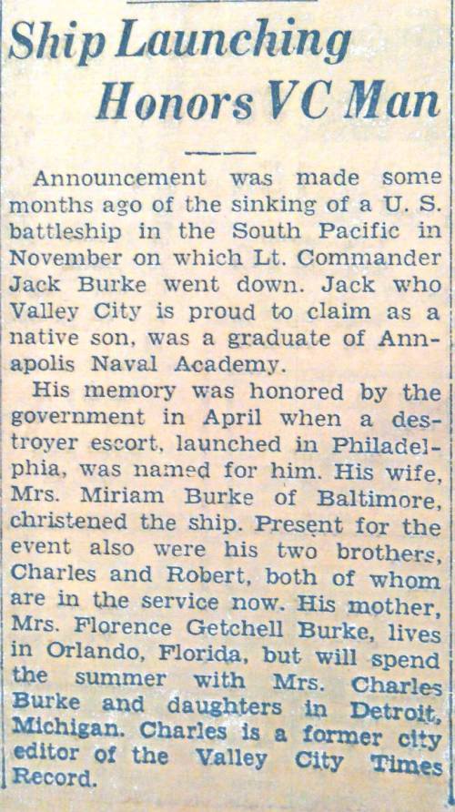 Newspaper article about the launch of the USS John E. Burke.