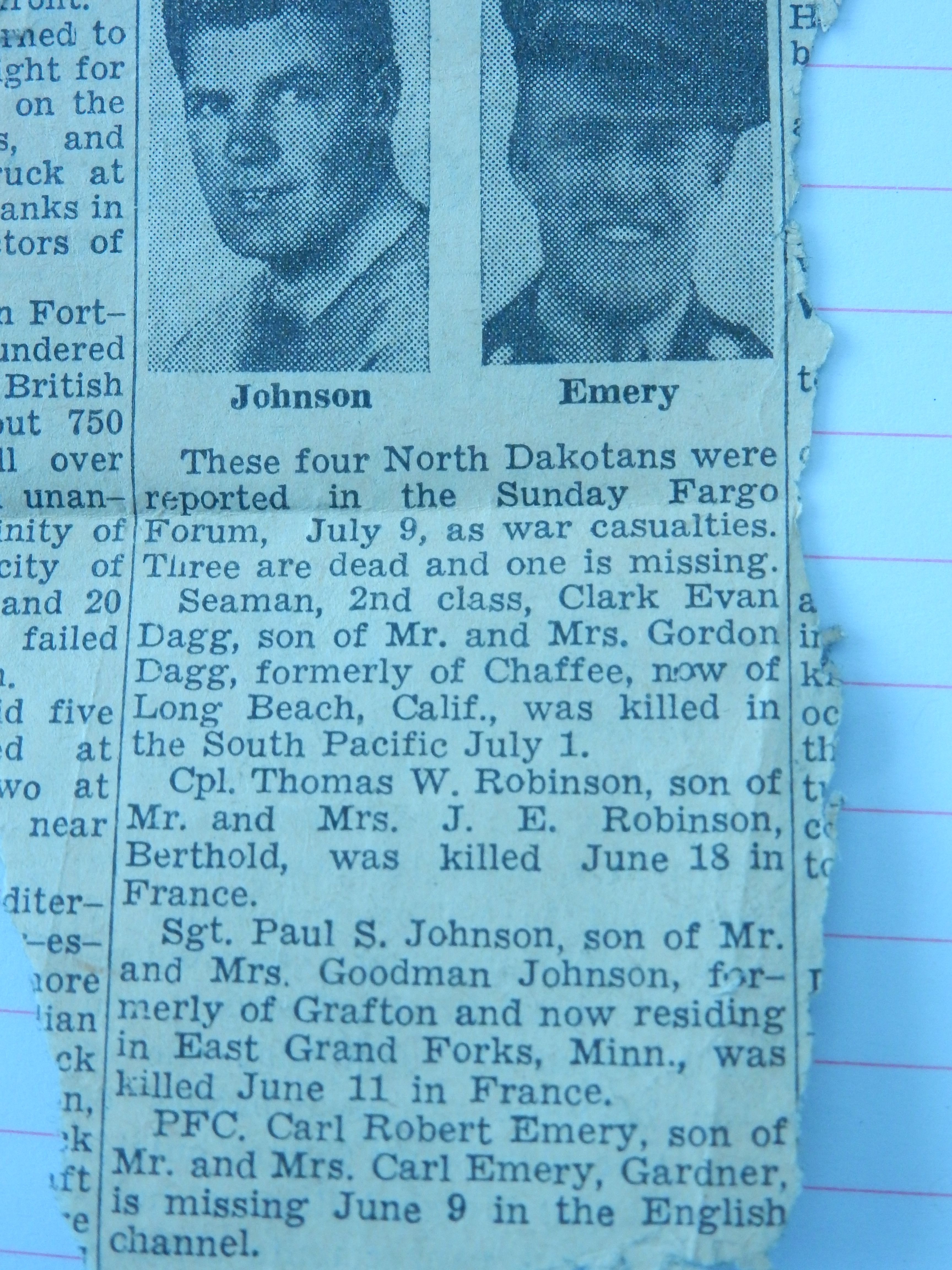 Private First Class Carl R Emery newspaper with photos listed as war causalities picture