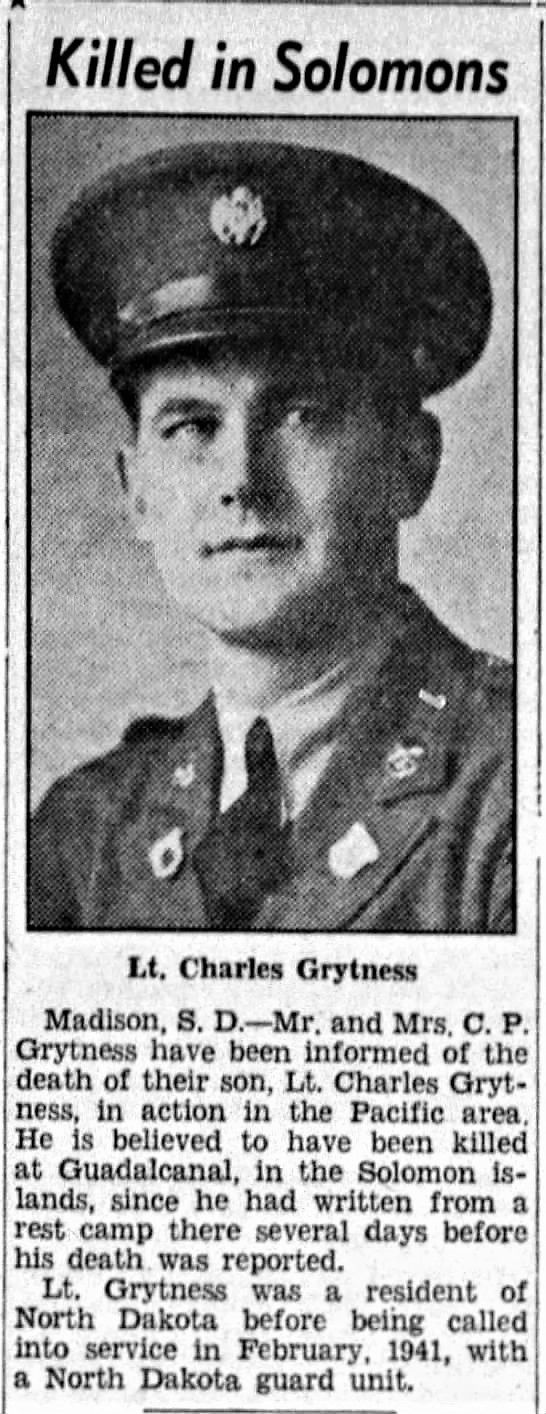 Second Lieutenant Charles E Grytness newspaper photo in uniform with obituary 