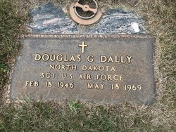 This is a bronze military grave marker honoring Douglas G. Dally, a Sergeant in the U.S. Air Force from North Dakota, who lived from February 18, 1946 to May 18, 1969. 