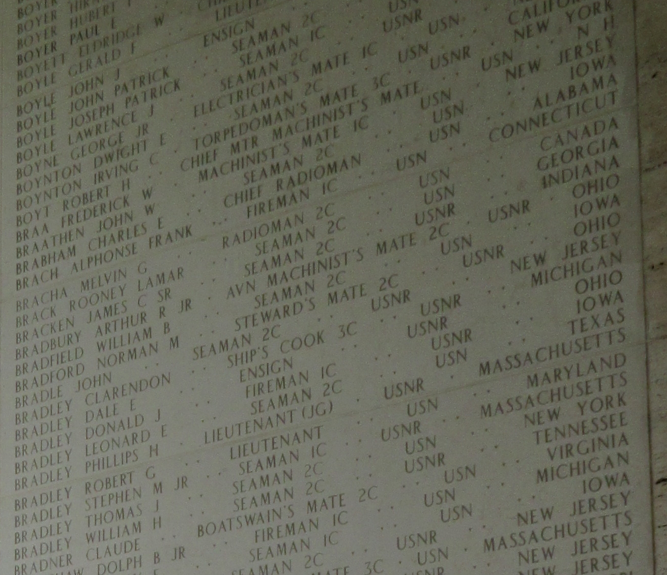 Machinist's Mate First Class Fredick W Braa memorial wall with many names photo