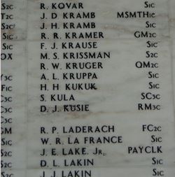 Seaman First Class Howard H Kukuk's name on memorial with several other names photo