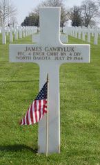 Private First Class James Gawryluk cross grave marker with small flag photo