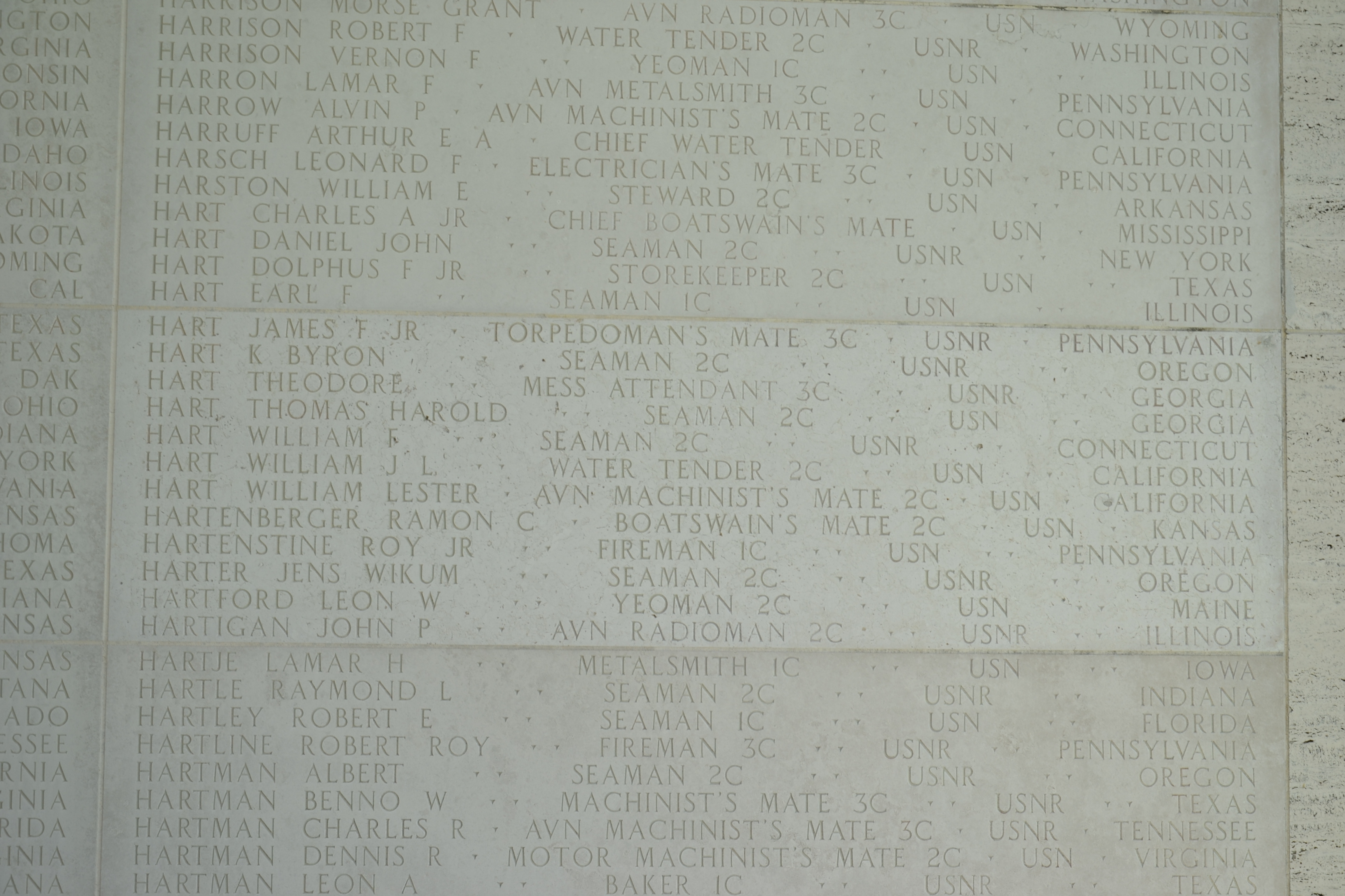 Seaman Second Class Jens W Harter's name on Tablet of the Missing memorial photo