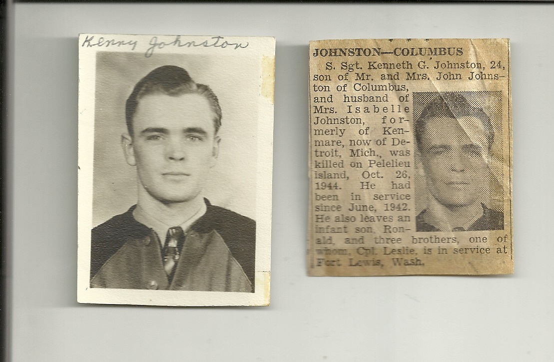 Staff Sergeant Kenneth G Johnston head and should photo and newspaper obituary 