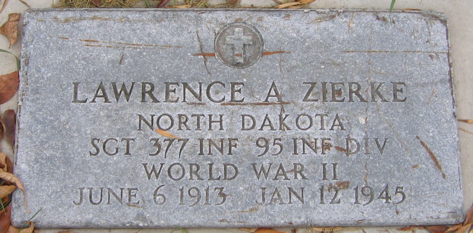 Photo of Sergeant Lawrence A Zierke's flat grave marker