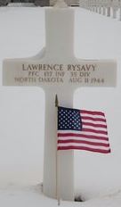 Private First Class Lawrence Rysavy cross grave marker with small American flag photo