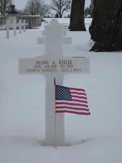 Private First Class Mark A Ehlis grave marker with small American flag photo