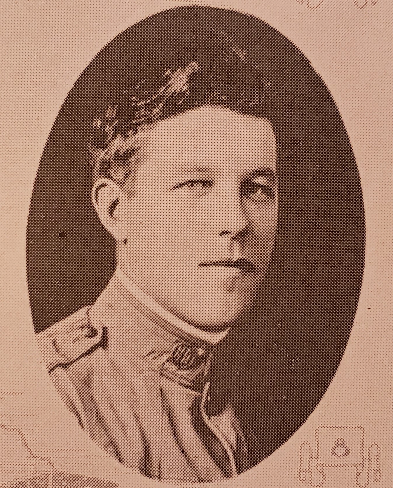 Vintage oval portrait of Sergeant Leo Nebraske from North Dakota in a World War I-era military uniform.