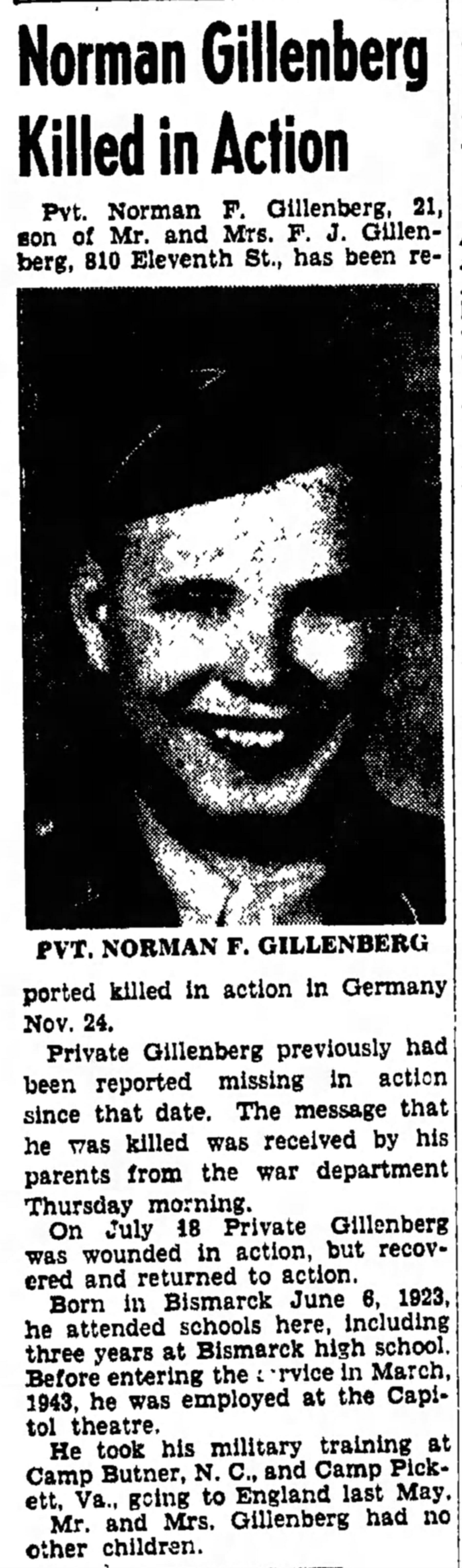 Private Norman F Gillenberg in uniform photo with newspaper obituary photo
