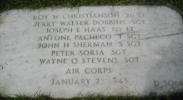 Second Lieutenant Roy W Christianson stone memorial photo with several other names