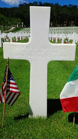 Private First Class Thomas D Alexander cross grave marker with small flags photo