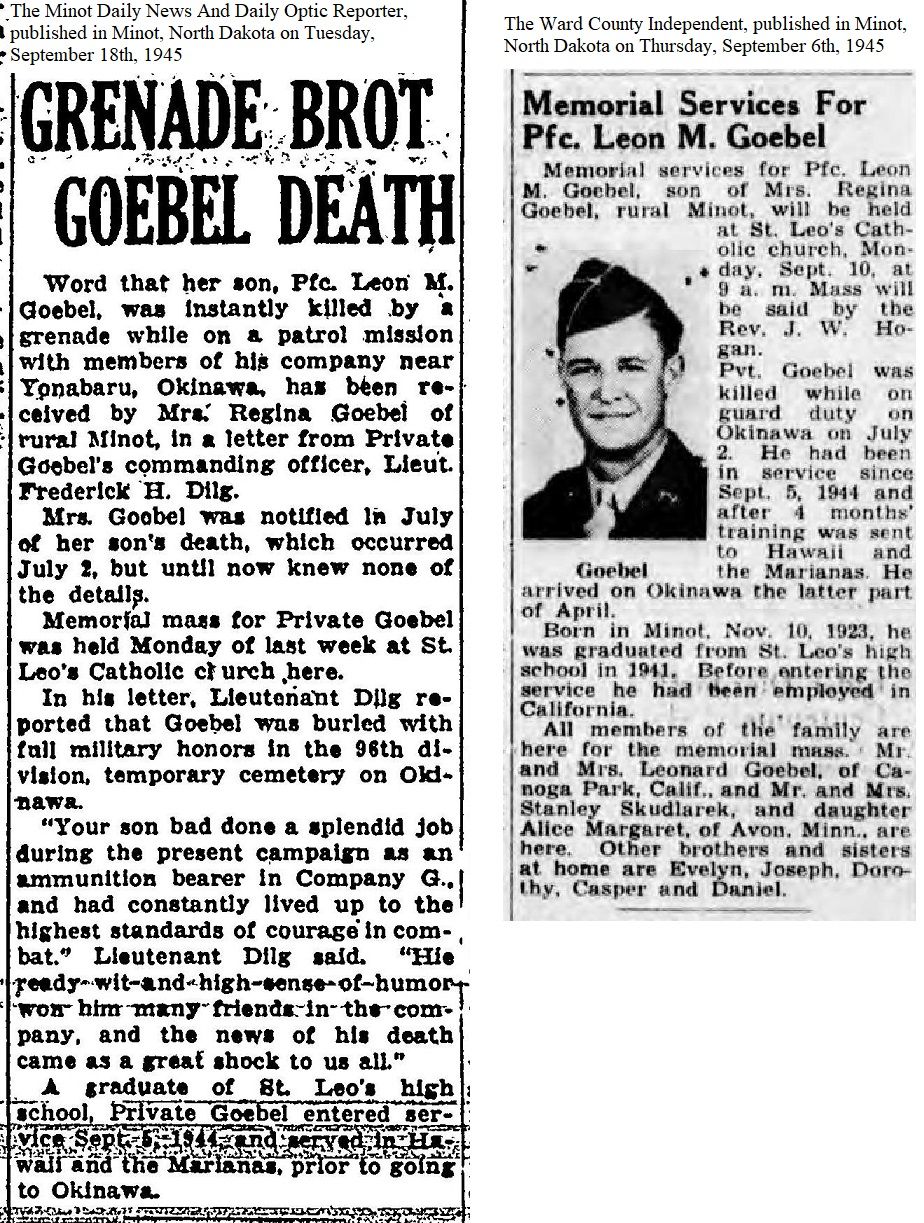 Private First Class Leon M Goebel newspaper photo in uniform with obituary 