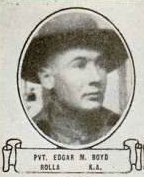 A vintage, black-and-white oval portrait of Private Edgar M. Boyd of Rolla, North Dakota, wearing a military campaign hat. 