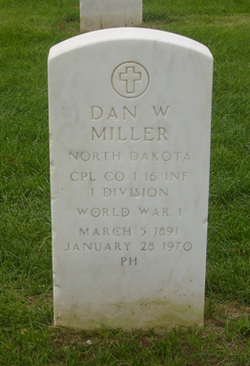 Military headstone for Corporal Dan W. Miller, a World War I veteran from North Dakota.