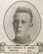 A vintage, black-and-white oval portrait of Sergeant Russell E. Davis of Grafton, North Dakota.