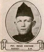 A vintage, black-and-white oval portrait of Private Oscar Ekstrom of Harvey, North Dakota, wearing a military side cap.