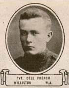 A vintage, black-and-white oval portrait of Private Cell French of Williston, North Dakota.