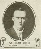 A vintage, black-and-white oval portrait of Private Hilton Givens of Grafton, North Dakota, wearing a suit and tie.