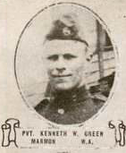 A vintage, black-and-white oval portrait of Private Kenneth W. Green of Marmon, North Dakota, wearing a military side cap.