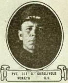 A vintage, black-and-white oval portrait of Private Ole O. Greslivold of Wolseth, North Dakota.