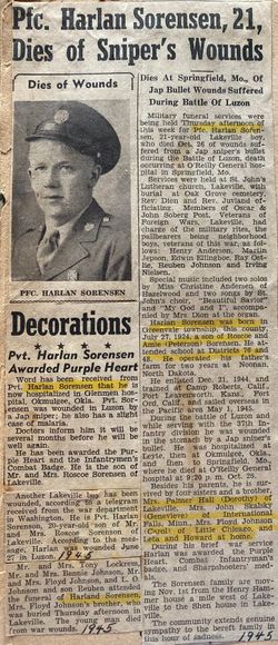 Private First Class Harlan W Sorenson newspaper obituary with uniform photo