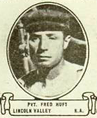 A vintage, black-and-white oval portrait of Private Fred Huft of Lincoln Valley, North Dakota.