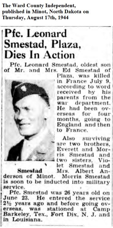Private First Class Leonard M Smestad newspaper obituary photo