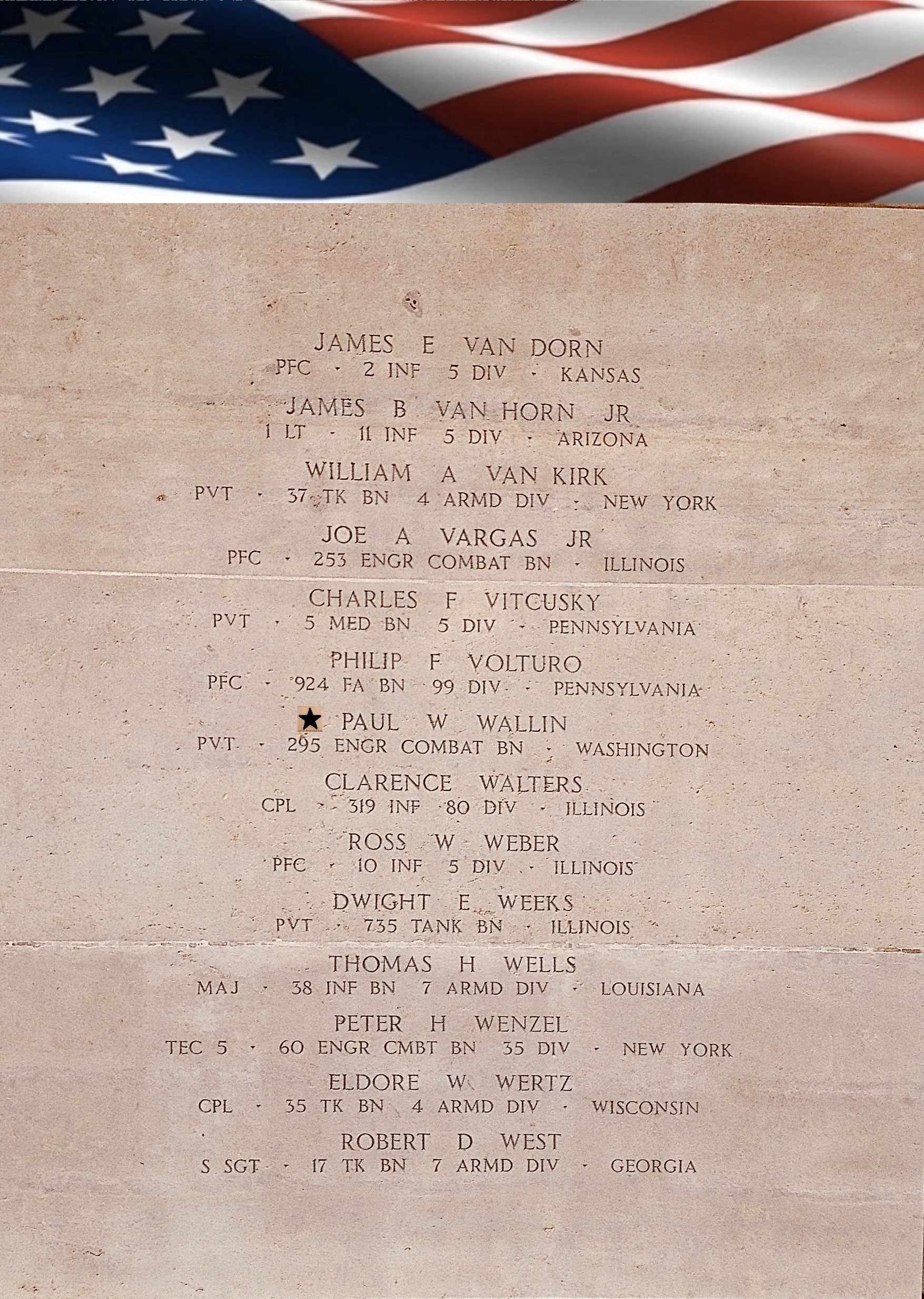 Private Paul W Wallin's name inscribed with several others on memorial photo