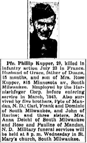 Private First Class Philip E Kupper newspaper obituary with photo