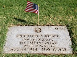 Private First Class Quinten S Robel grave marker with small American flag photo